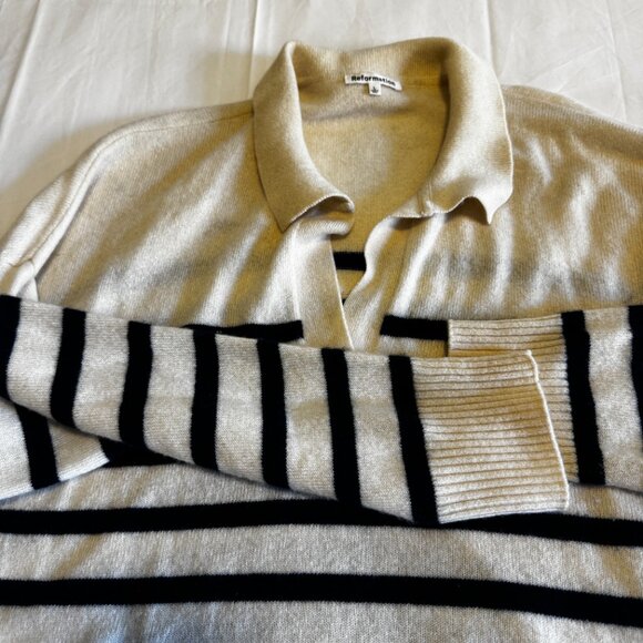 Reformation Cashmere Polo Sweater Navy.Stripe Large - Picture 3 of 9